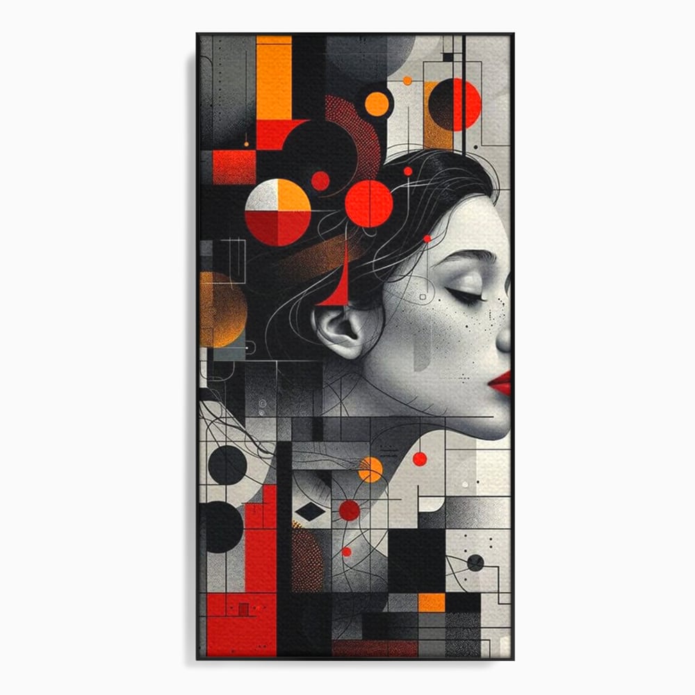 Tablou canvas cu tablou canvas cu portret feminin si forme geometrice, in rama de aluminiu negru